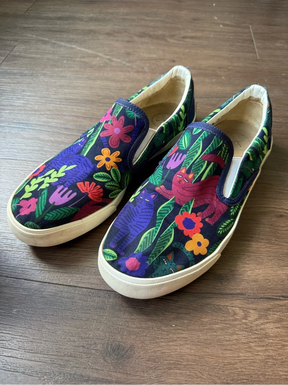 Inkkas Sokoke Slip On Colorful Cat & Floral Blue Purple Sneakers Vegan Shoes 11